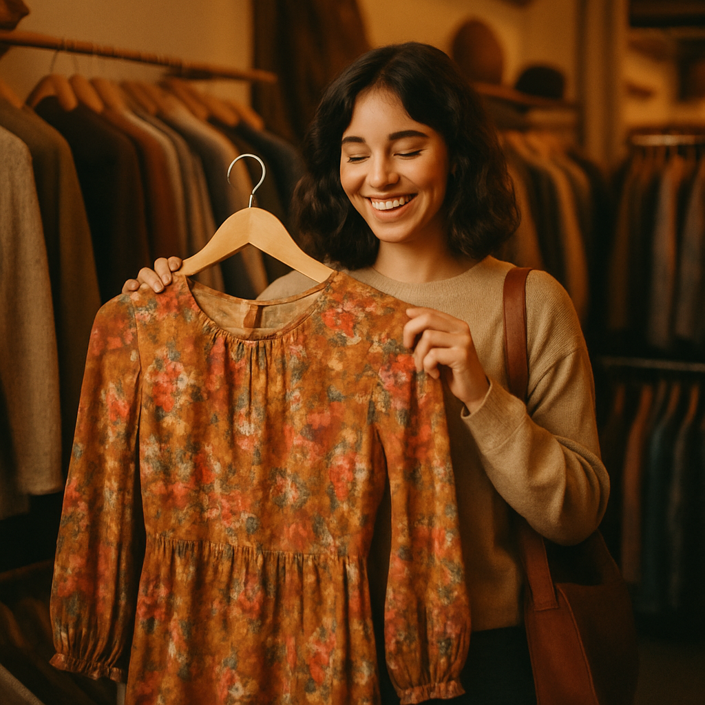 Smiling shopper holding a floral 70s dress in a vintage store