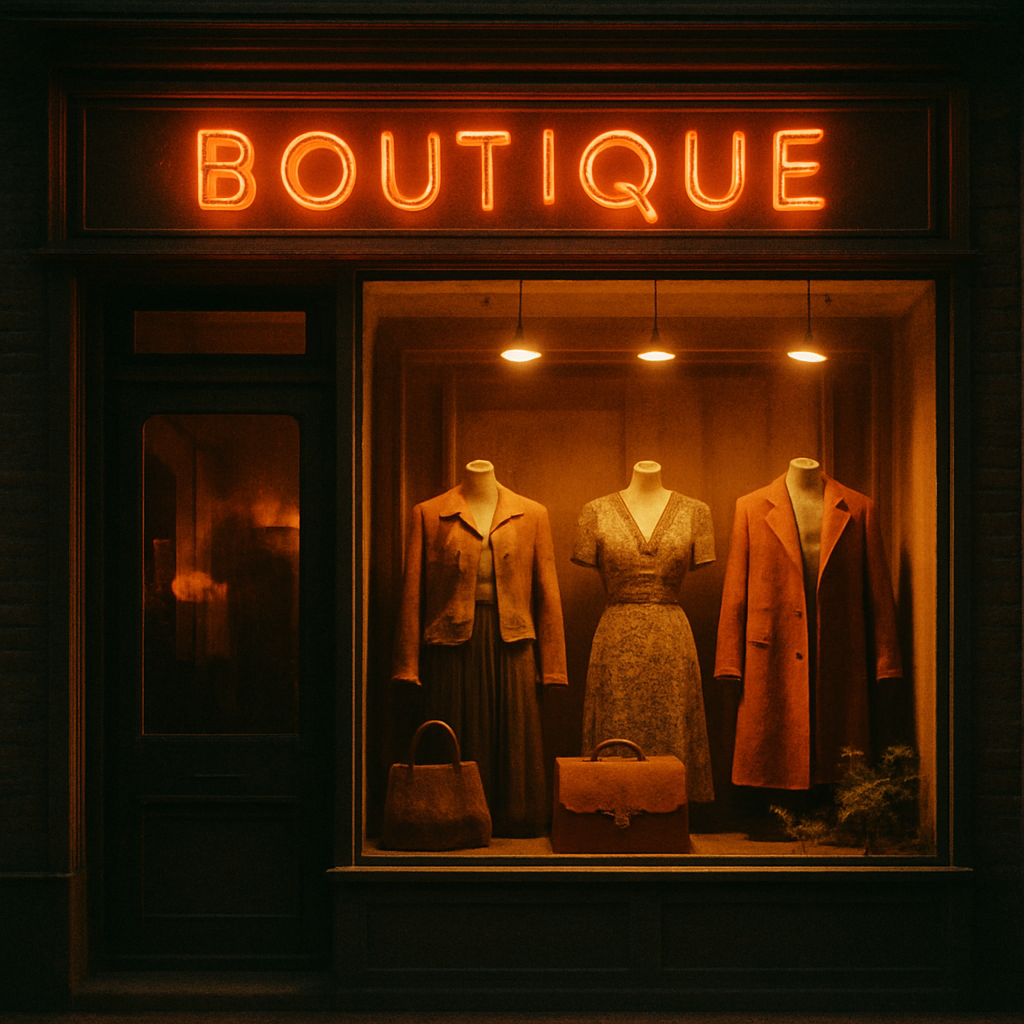 Warmly lit boutique storefront with retro neon signage