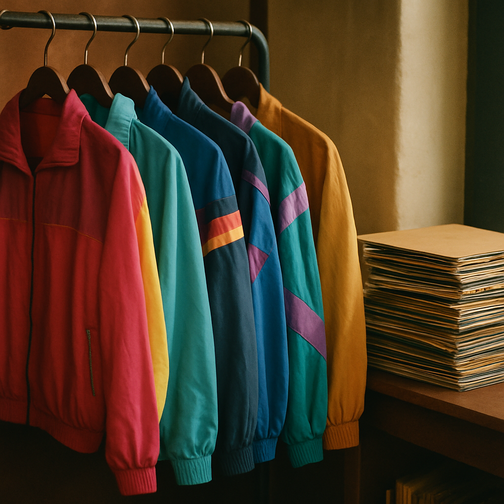 Colorful 80s jackets and vinyl record sleeves on a rack