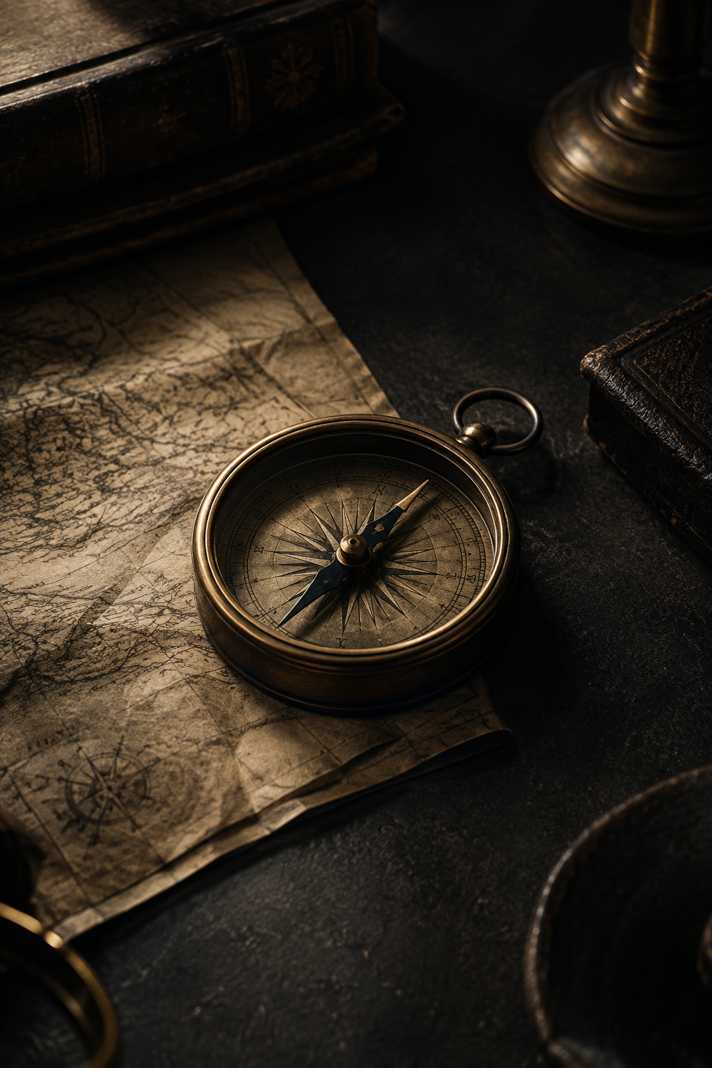 Atmospheric editorial still-life of an antique brass compass, folded chart paper, and soft shadowed textures in a dark archival setting