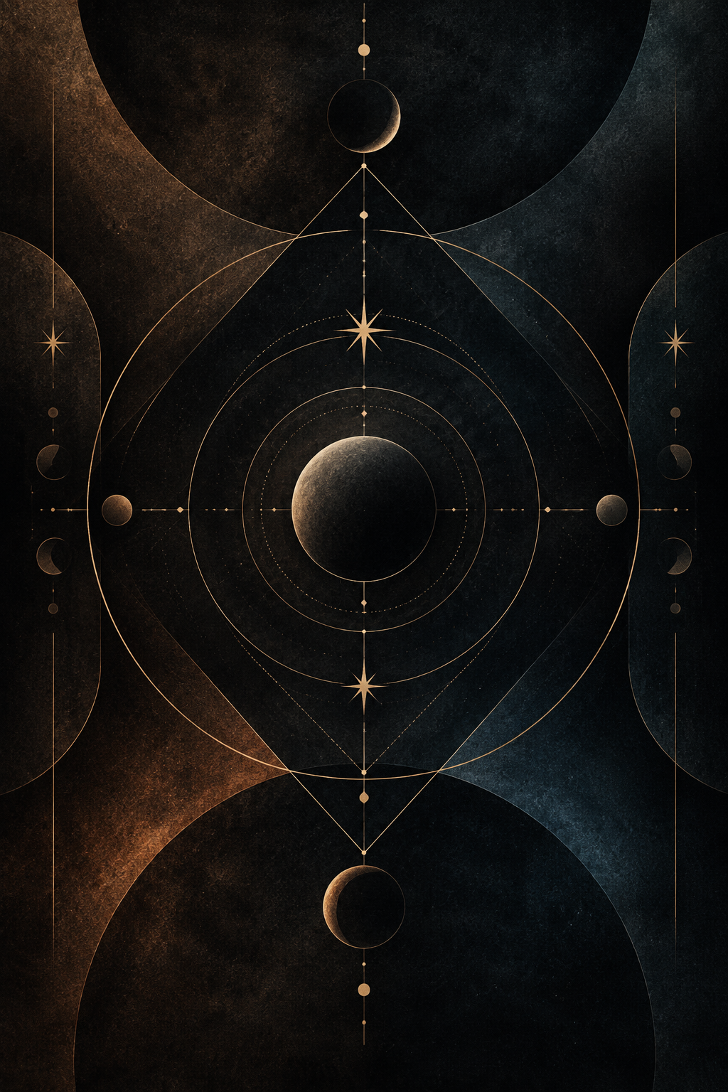 Abstract editorial symbolic texture with layered geometric forms, soft grain, and moody dark gradients