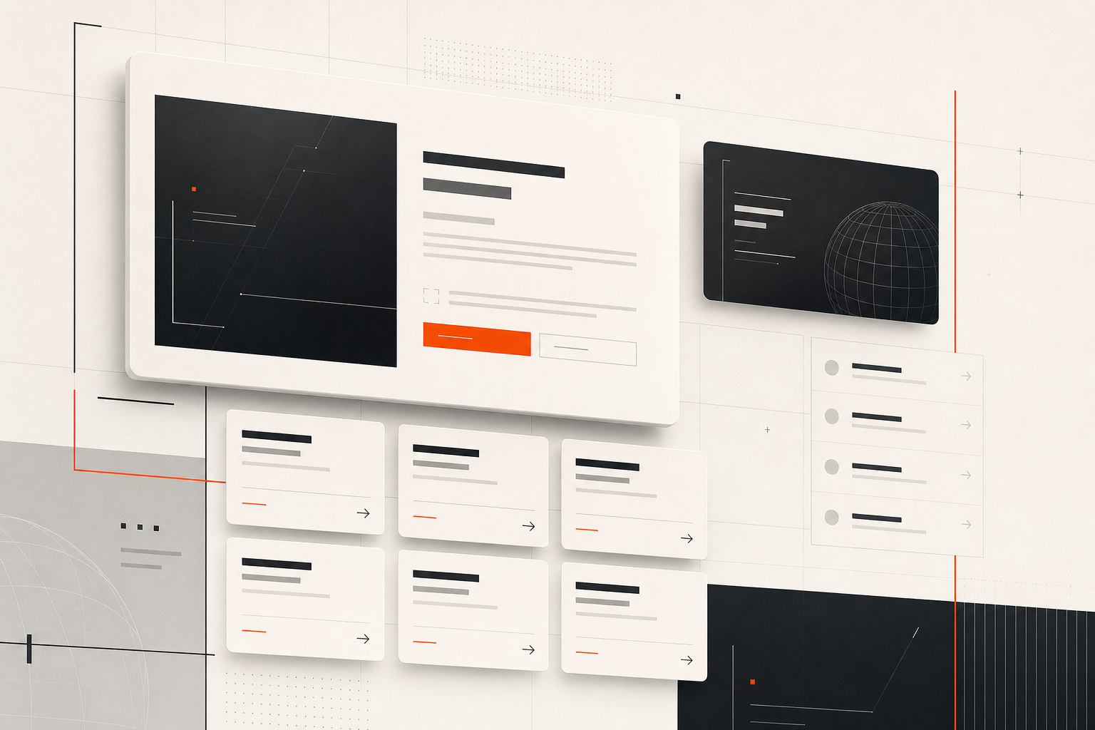 Abstract premium domain marketplace illustration with geometric interface panels, precise line grids, listing cards, and typographic blocks in a refined editorial composition