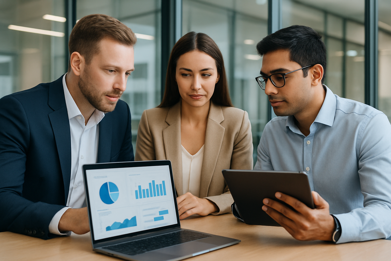 Modern corporate team reviewing digital reward analytics on a laptop in a bright Dubai office