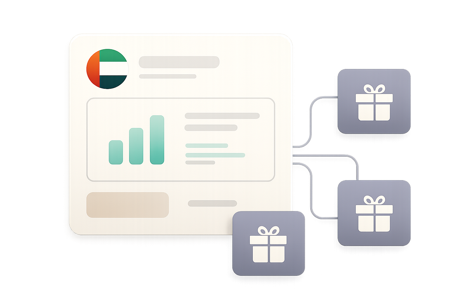 Abstract business-tech illustration of digital gift cards being distributed to multiple team recipients through a dashboard