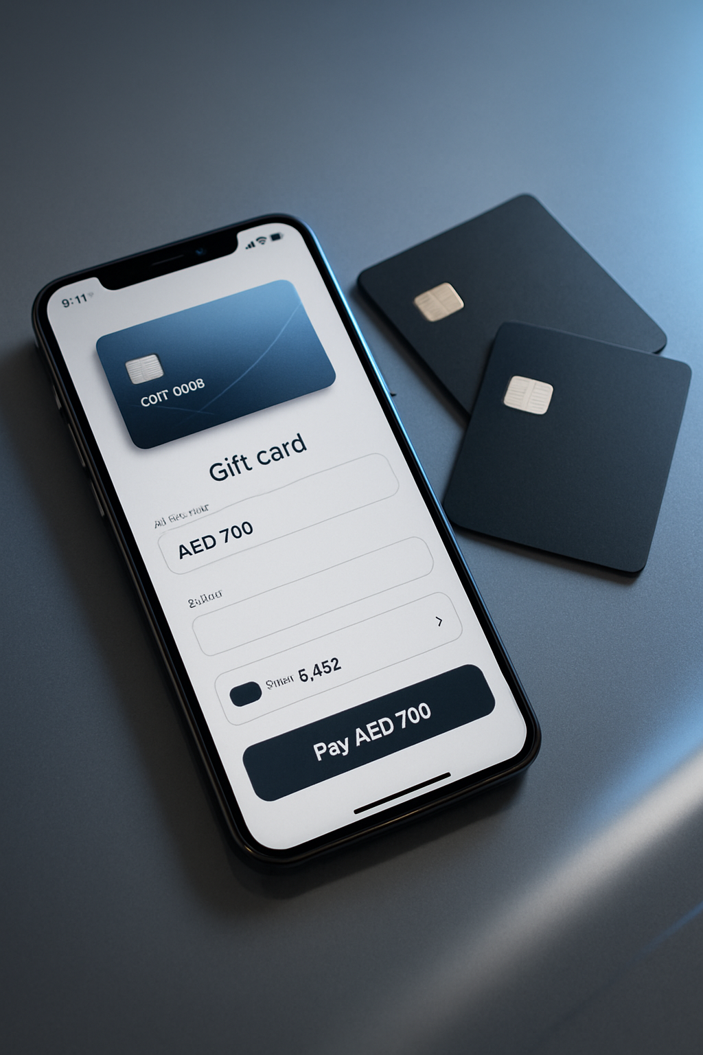 Polished smartphone checkout screen next to premium prepaid and digital gift cards in a modern UAE retail setting