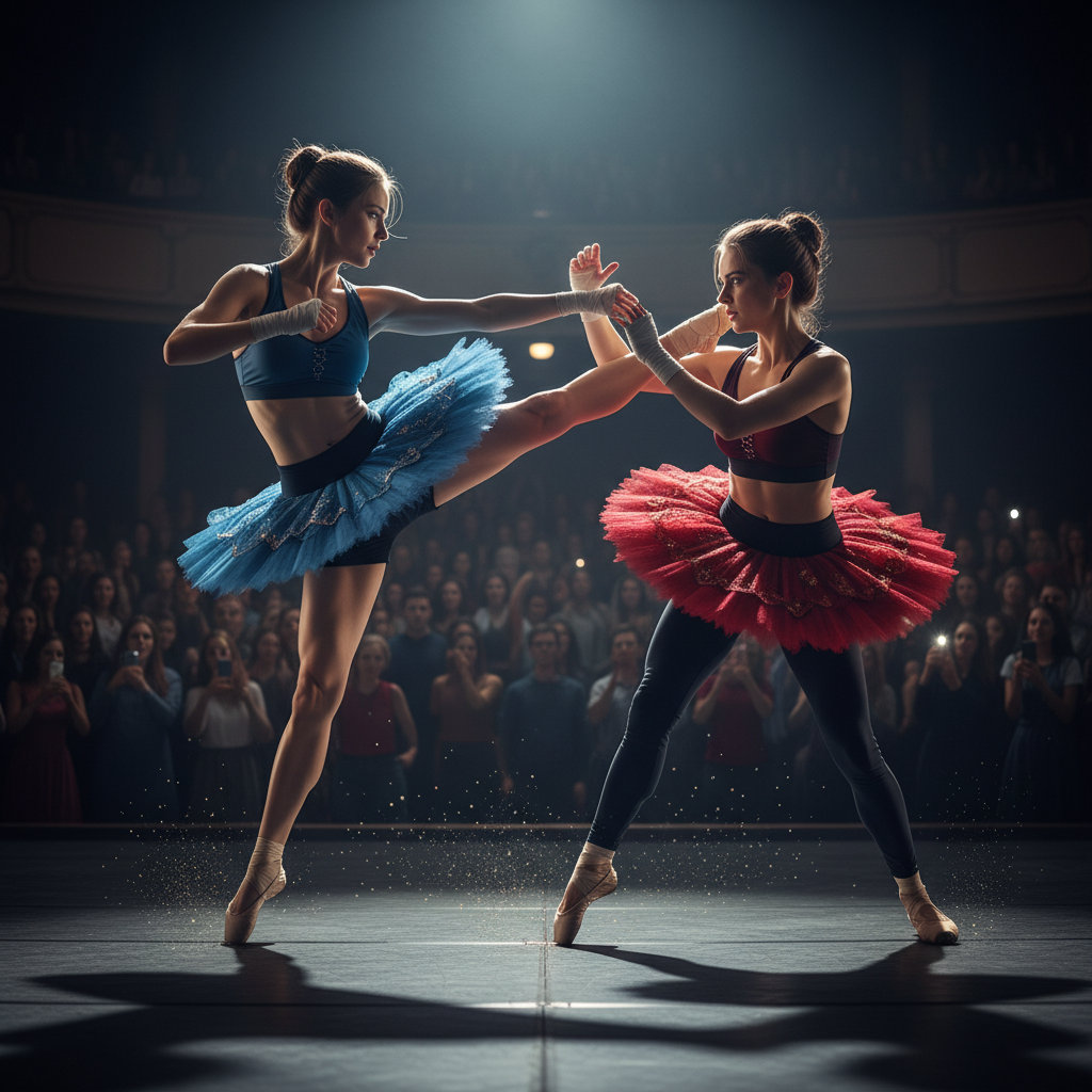 Ballerinas in dramatic mid-fight pose, combining ballet and combat moves on stage
