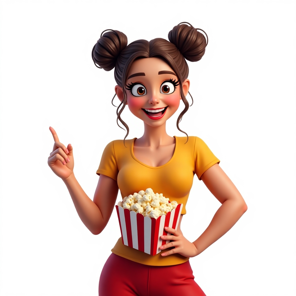 Audience member avatar: stylish woman with ballet buns and big smile, holding popcorn