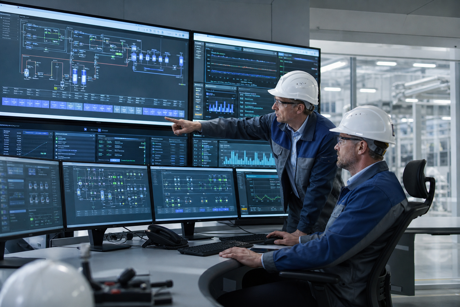 Senior engineers reviewing live process data in a modern industrial control room