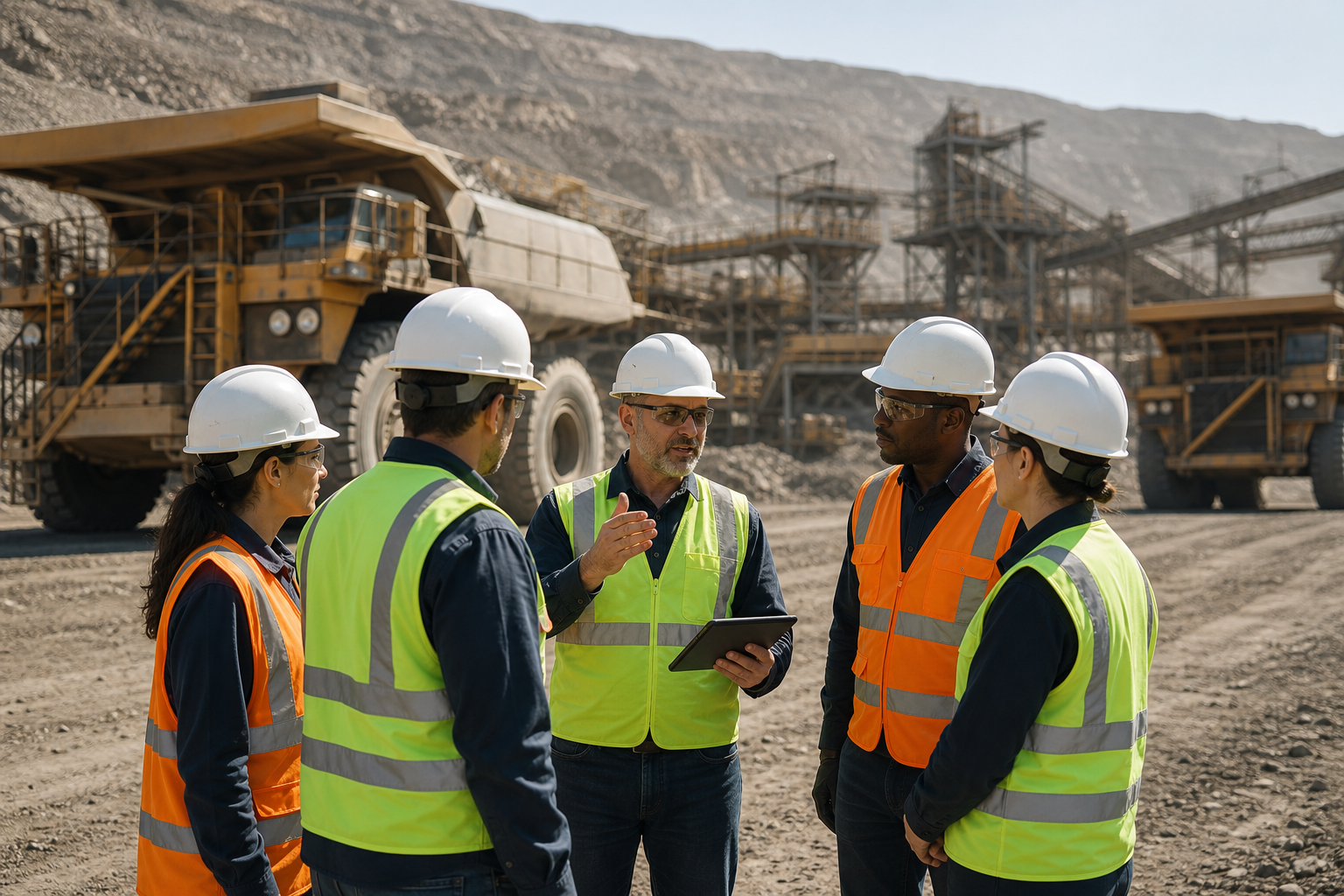 Mining and engineering team conducting a field operations briefing beside heavy equipment