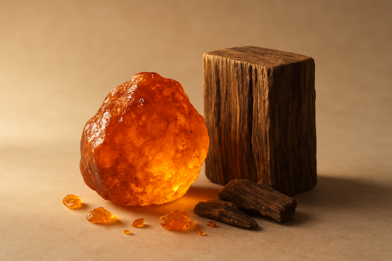 Warm amber resin and oud wood blending with light