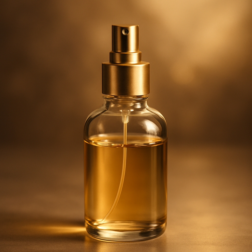 Transparent glass spray bottle with golden liquid