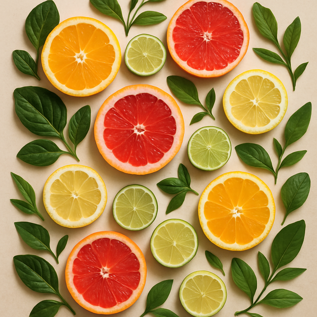 Citrus slices and green leaves