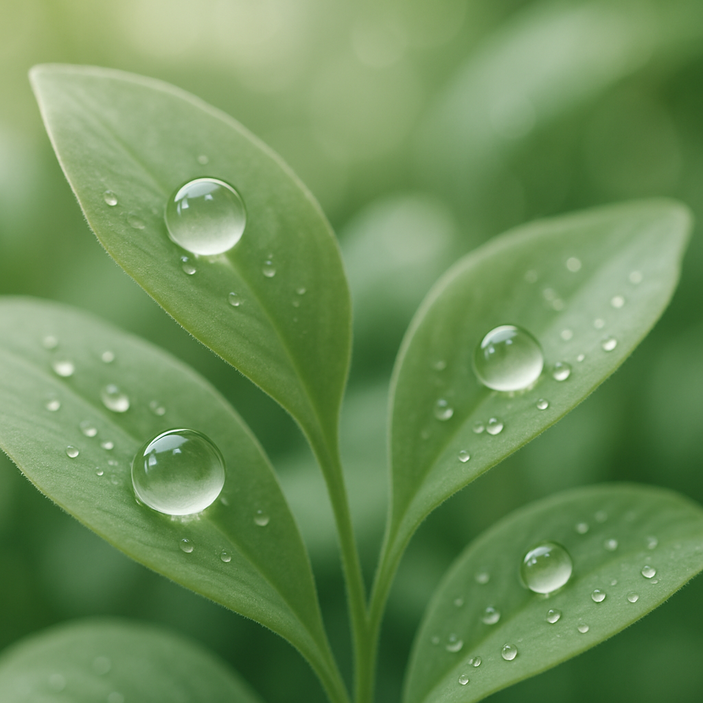 Dew drops on soft green leaves