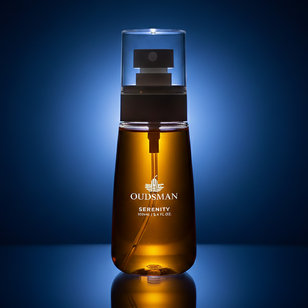 Serenity perfume bottle at night with roses and jasmine, soft boutique-style glow