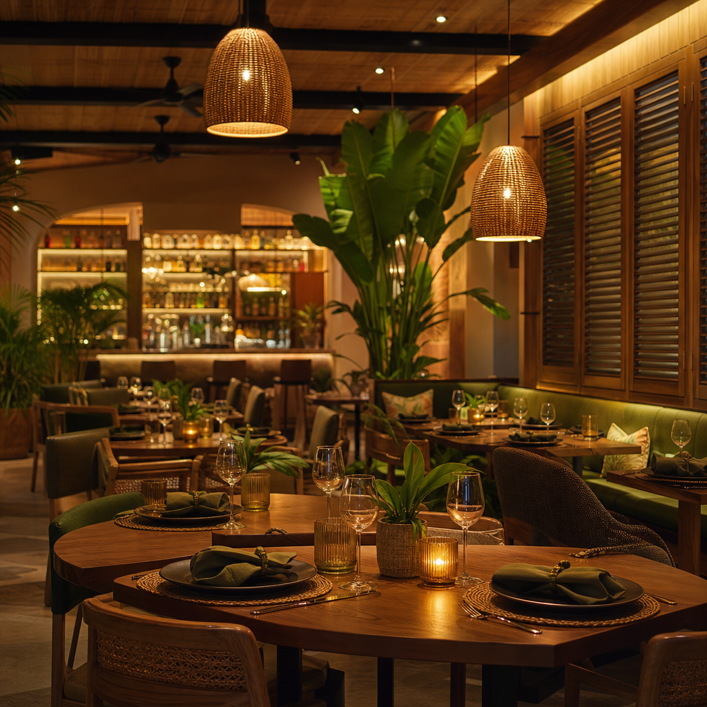 Warmly lit restaurant interior with Jamaican dishes on a wooden table, soft pendant lights, and guests enjoying a cozy evening atmosphere