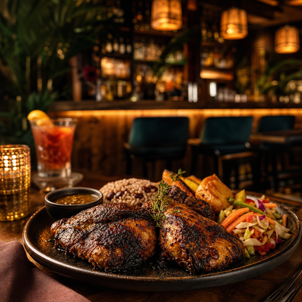 Close-up of glossy jerk chicken with charred edges, rice and peas, fried plantain, and fresh herb garnish on a ceramic plate