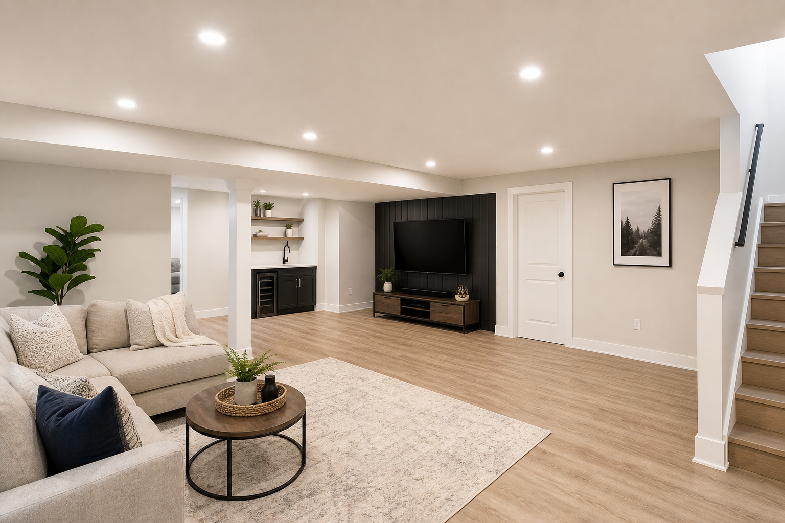 Finished basement with smooth drywall walls, recessed lighting, and warm neutral flooring
