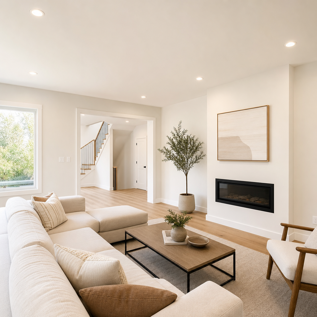 Bright modern living room with smooth finished drywall, soft neutral walls, recessed lighting, and minimal decor showcasing clean craftsmanship