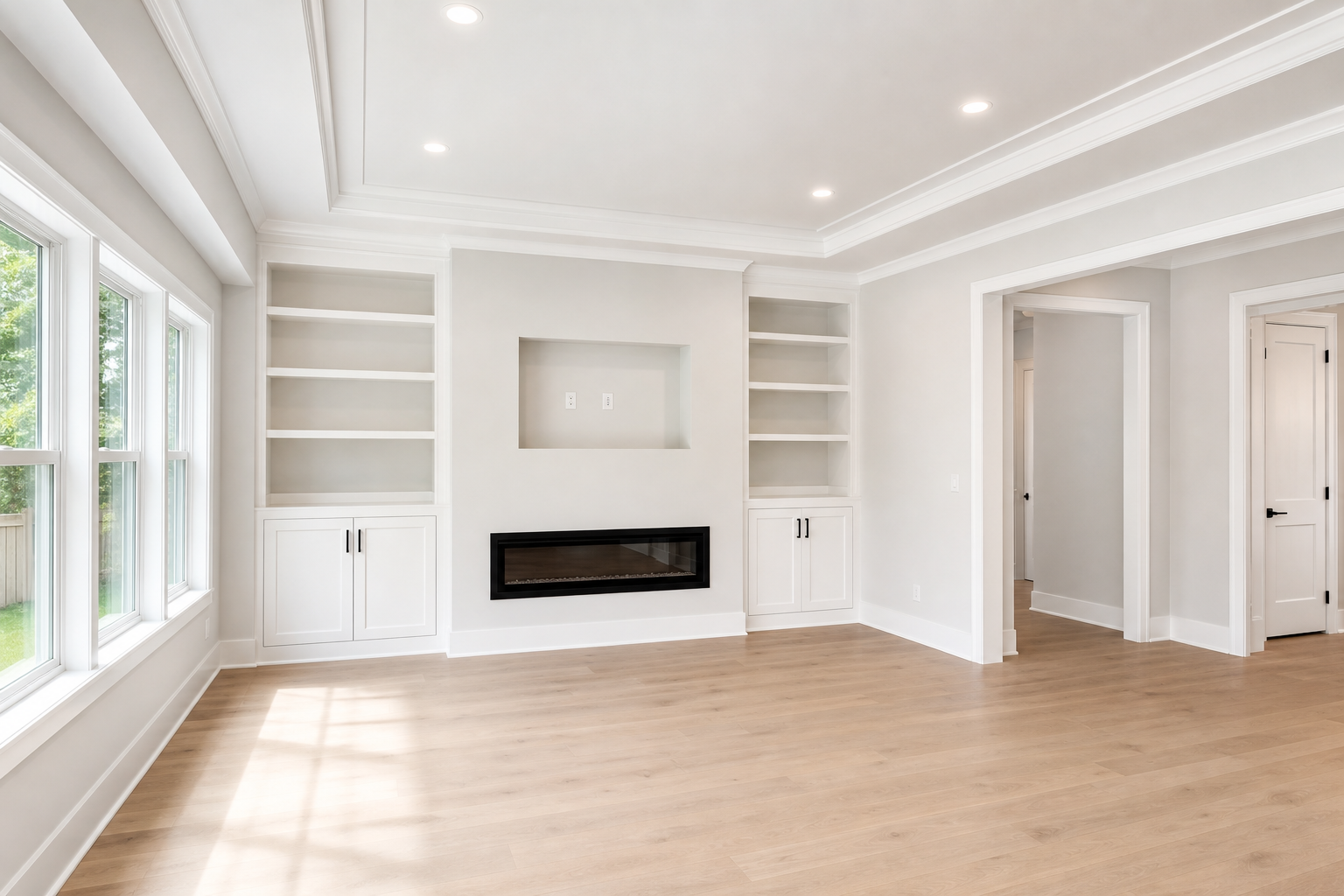 Bright full-room finishing with smooth drywall, built-in shelving, and clean trim