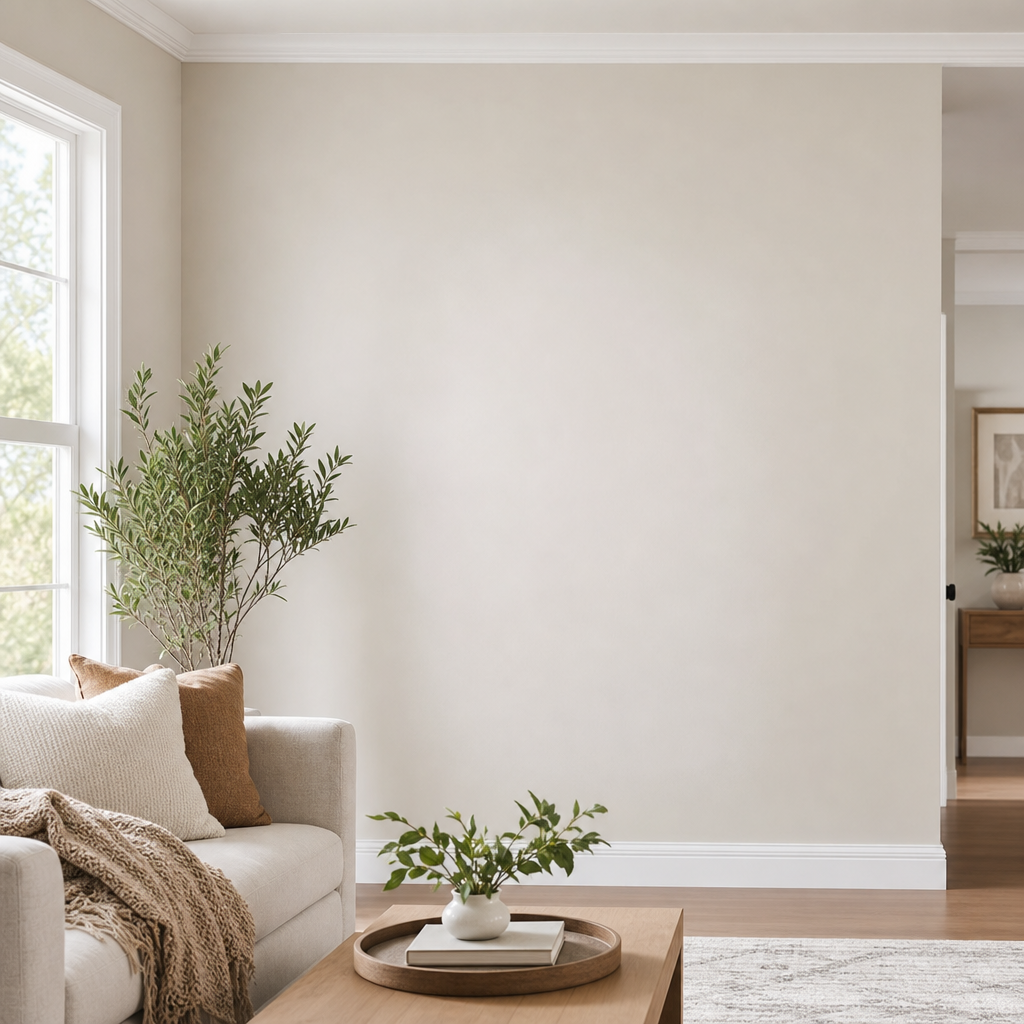 Living room wall repair showing a smooth, seamless patch blending into a light neutral interior