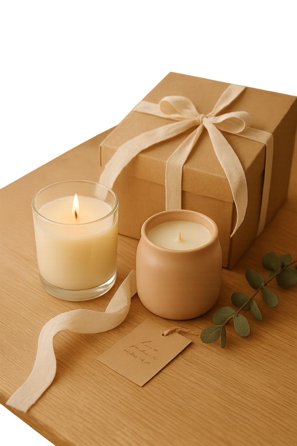 Gift-ready candle arrangement with soft wrapping details