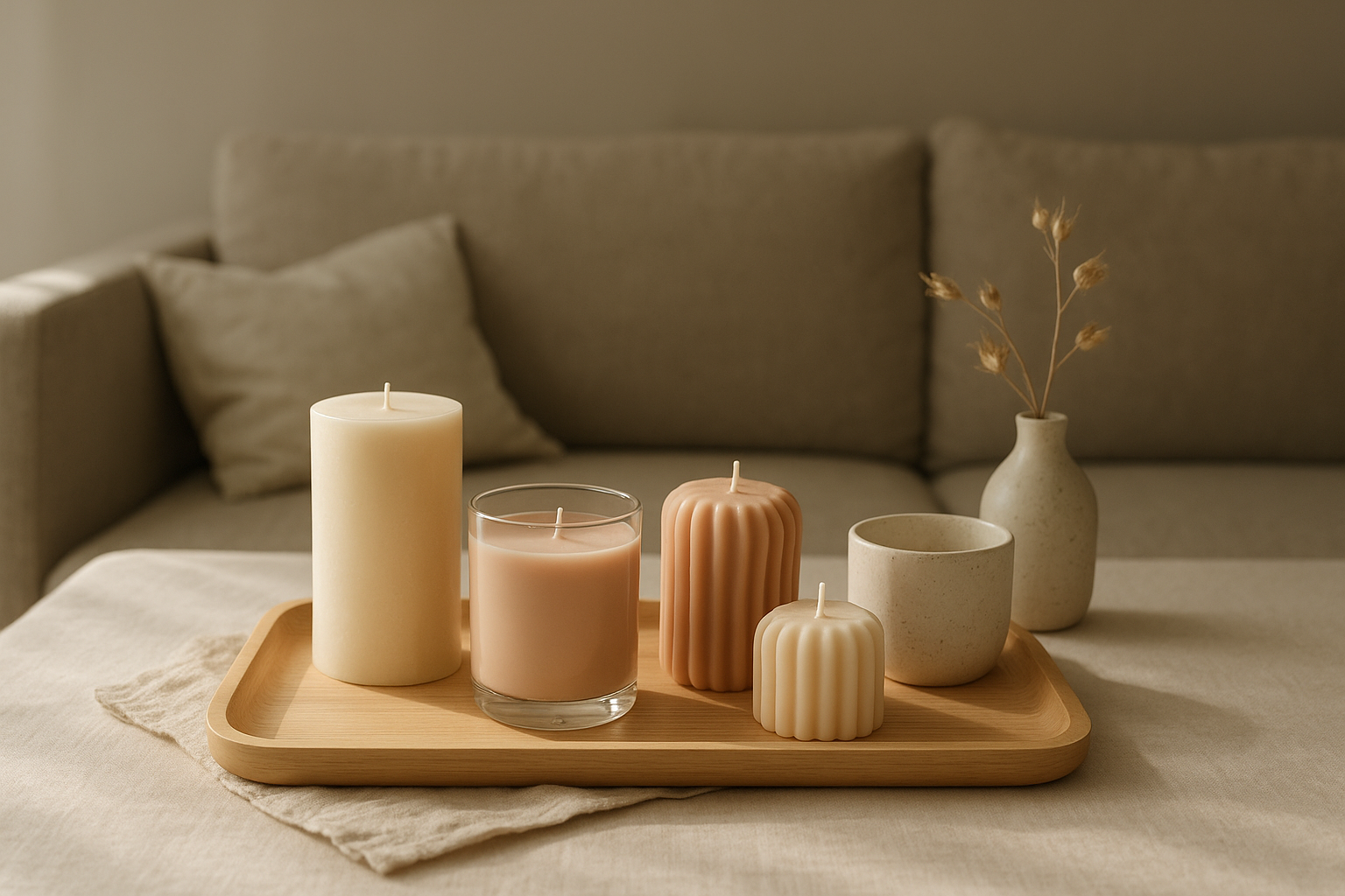Styled arrangement of elegant candles in a calm home interior