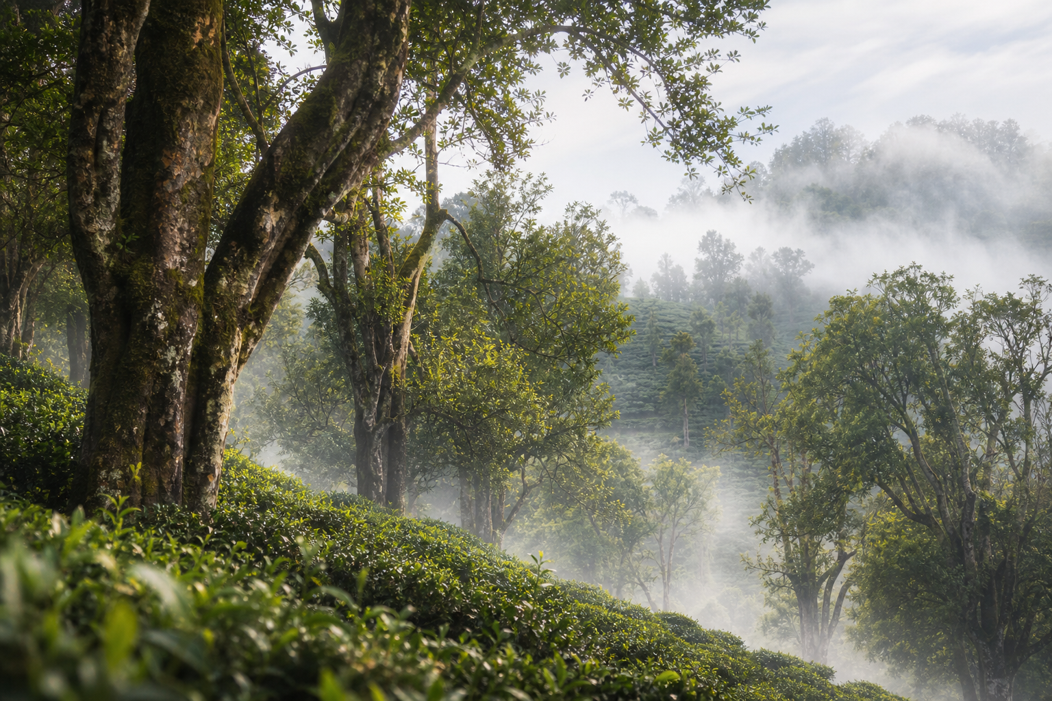 A mist-wrapped ancient tea forest with deep green trees cascading across the mountain slopes