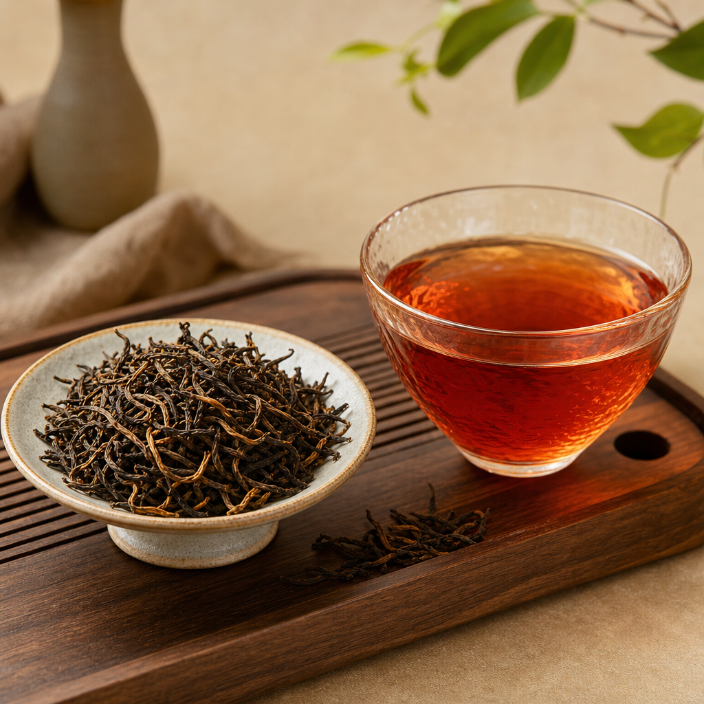 深红色滇红茶叶与透明茶汤置于原木茶盘