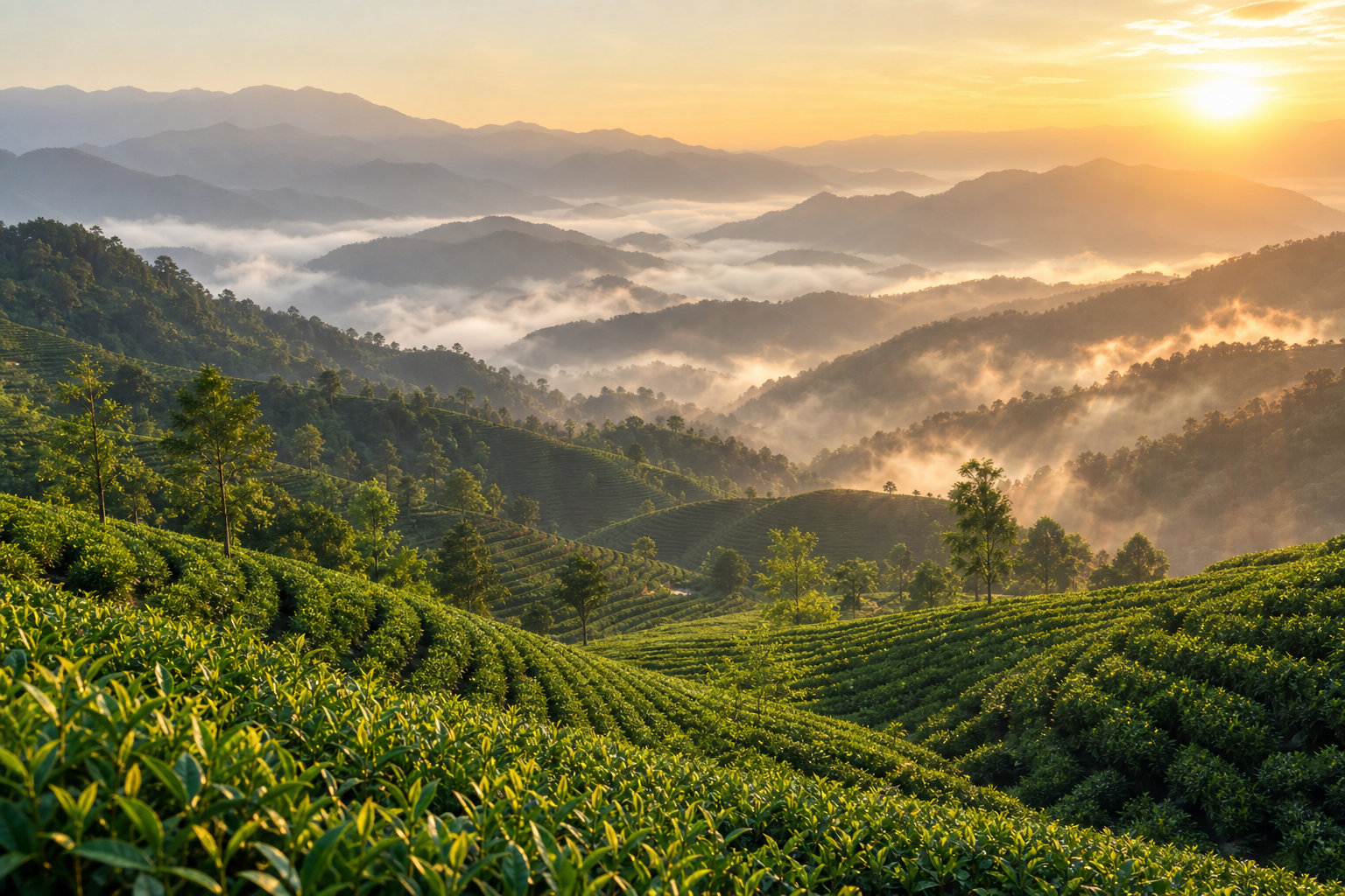 清晨薄雾中的凤庆高山茶园与层叠山脉景观