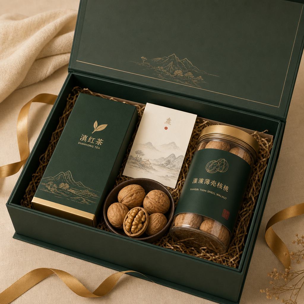 墨绿色礼盒内含滇红茶与核桃组合，配以金色缎带