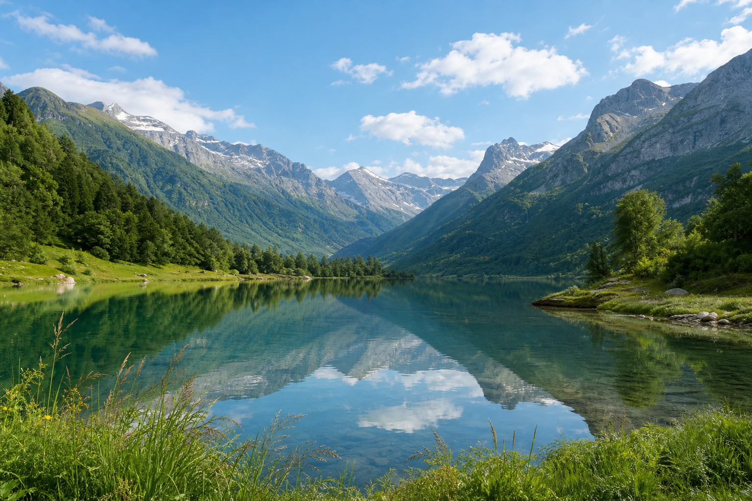 A clear highland lake reflecting mountain peaks and blue sky, framed by lush shoreline vegetation