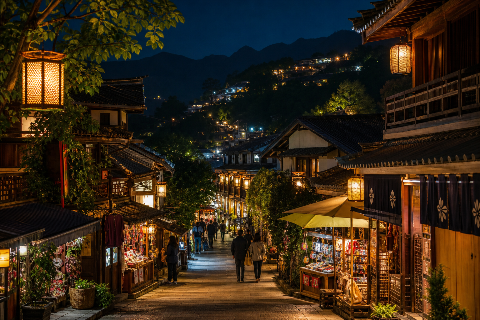 A warm mountain town nightscape with glowing lights and local market streets