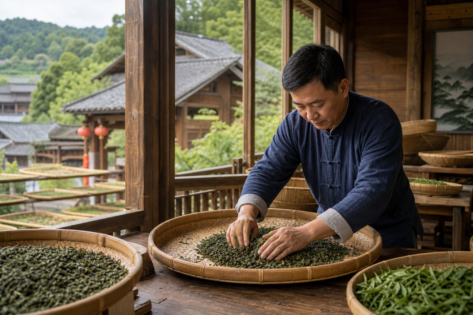 A traditional tea-making workshop with wooden buildings and artisans hand-rolling tea leaves