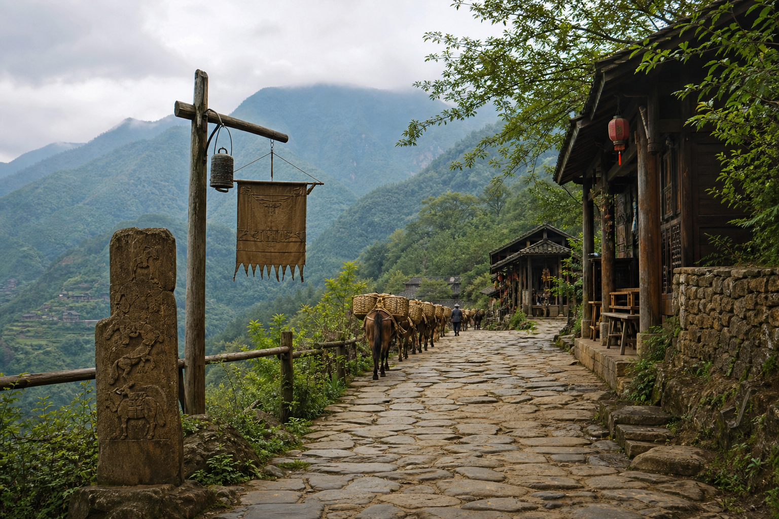 古茶马道石板路与传统驿站的历史场景