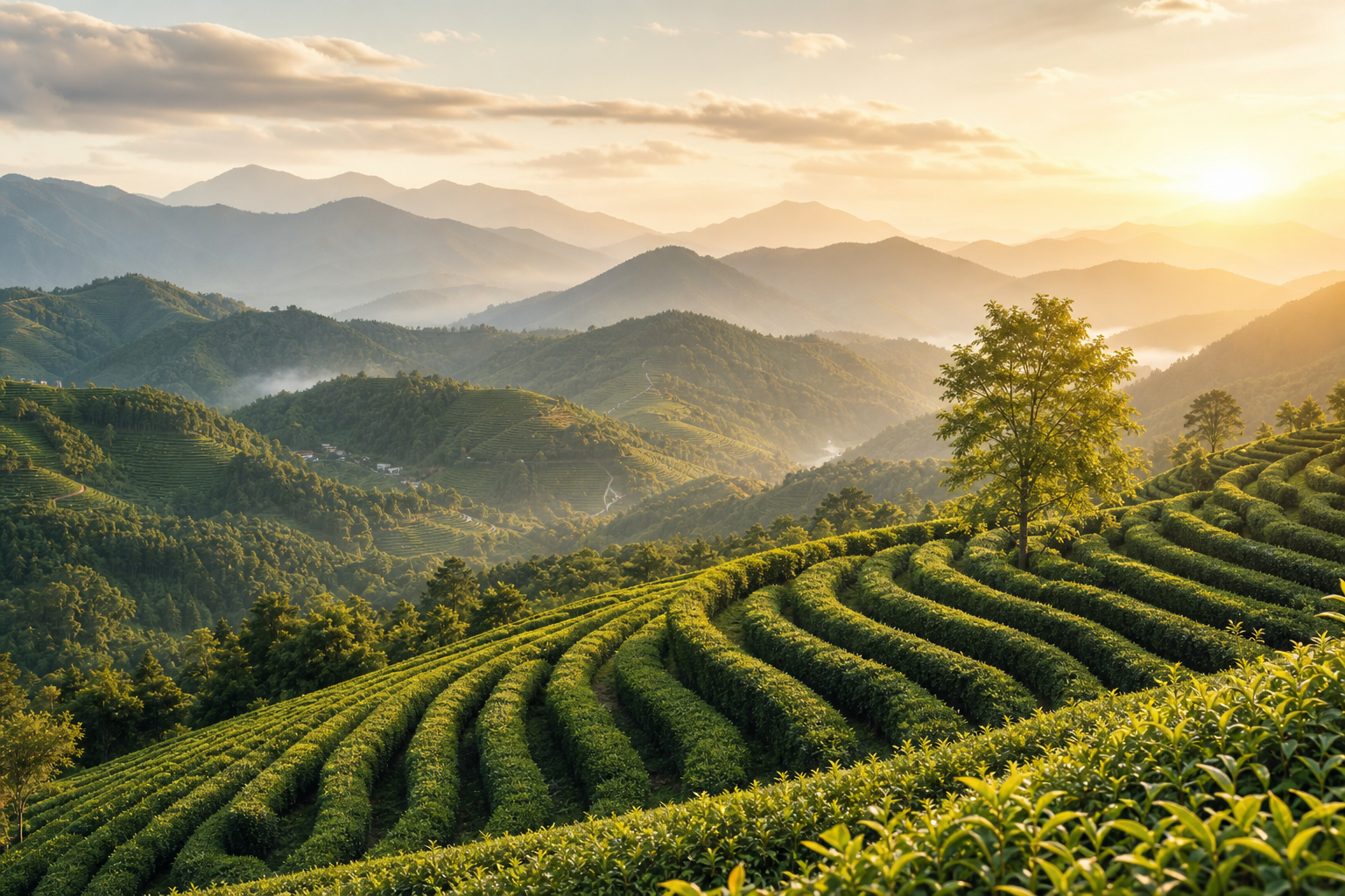 Layered tea terraces glowing in golden sunlight across the Fengqing mountains