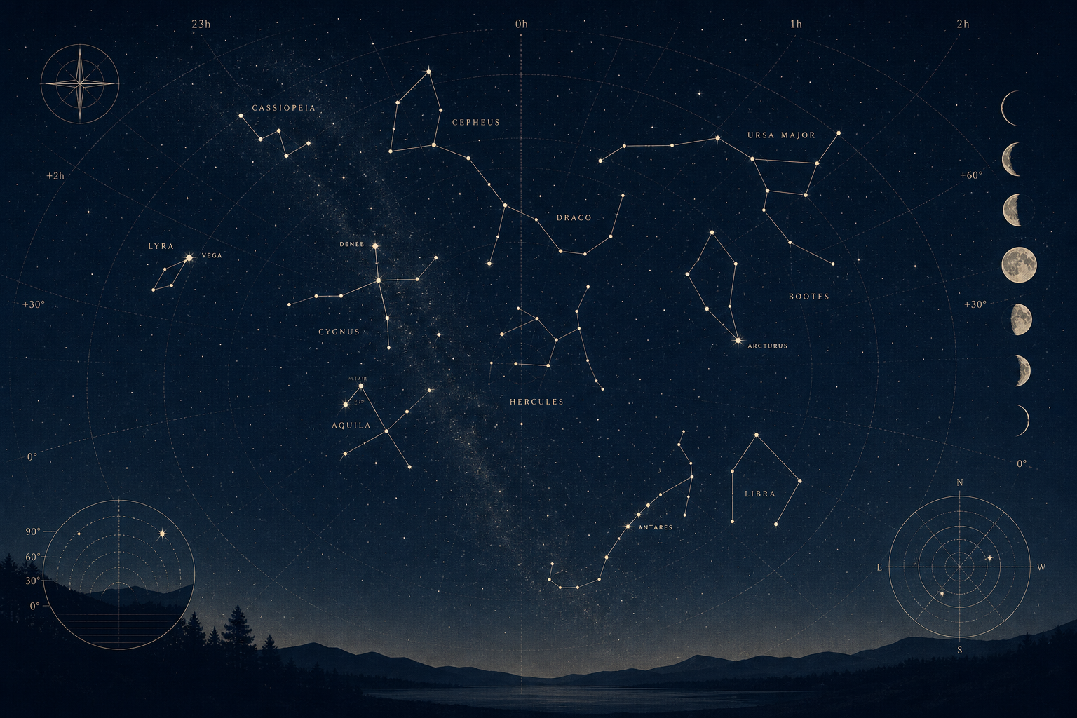 Wide night-sky star chart with fine constellation lines, labeled star clusters, and subtle scientific plotting marks across a deep celestial field