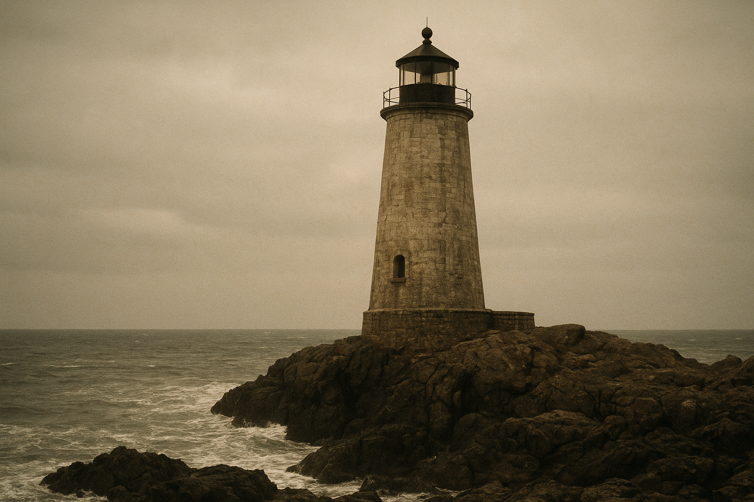 Weathered lighthouse on a rocky northern coastline under overcast sky