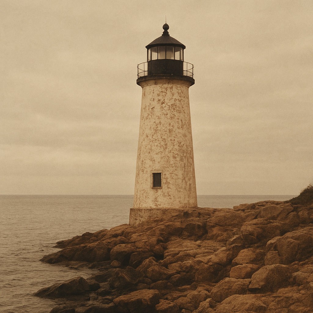 Small archival-style photo of a windswept northern coast lighthouse shoreline