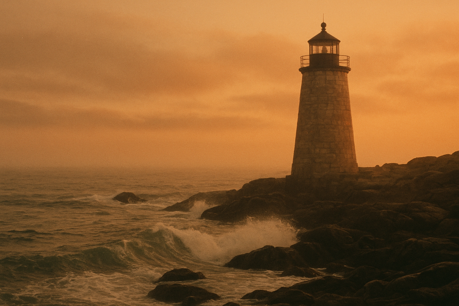 Historic lighthouse on a rugged northern coastline at dusk, warm film-photography atmosphere with soft haze and dramatic sea