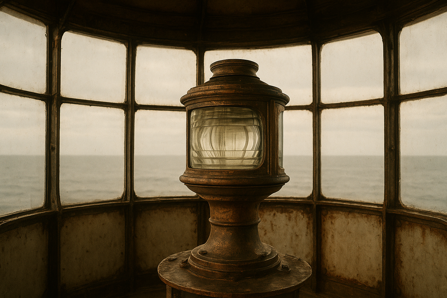 Warm-toned archival view inside a lighthouse lantern room with weathered metal framing and coastal light
