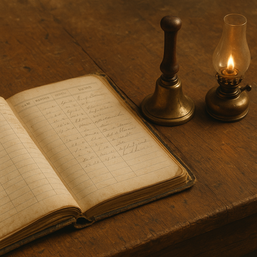 Worn station ledger beside a brass fog-bell striker on a wooden desk
