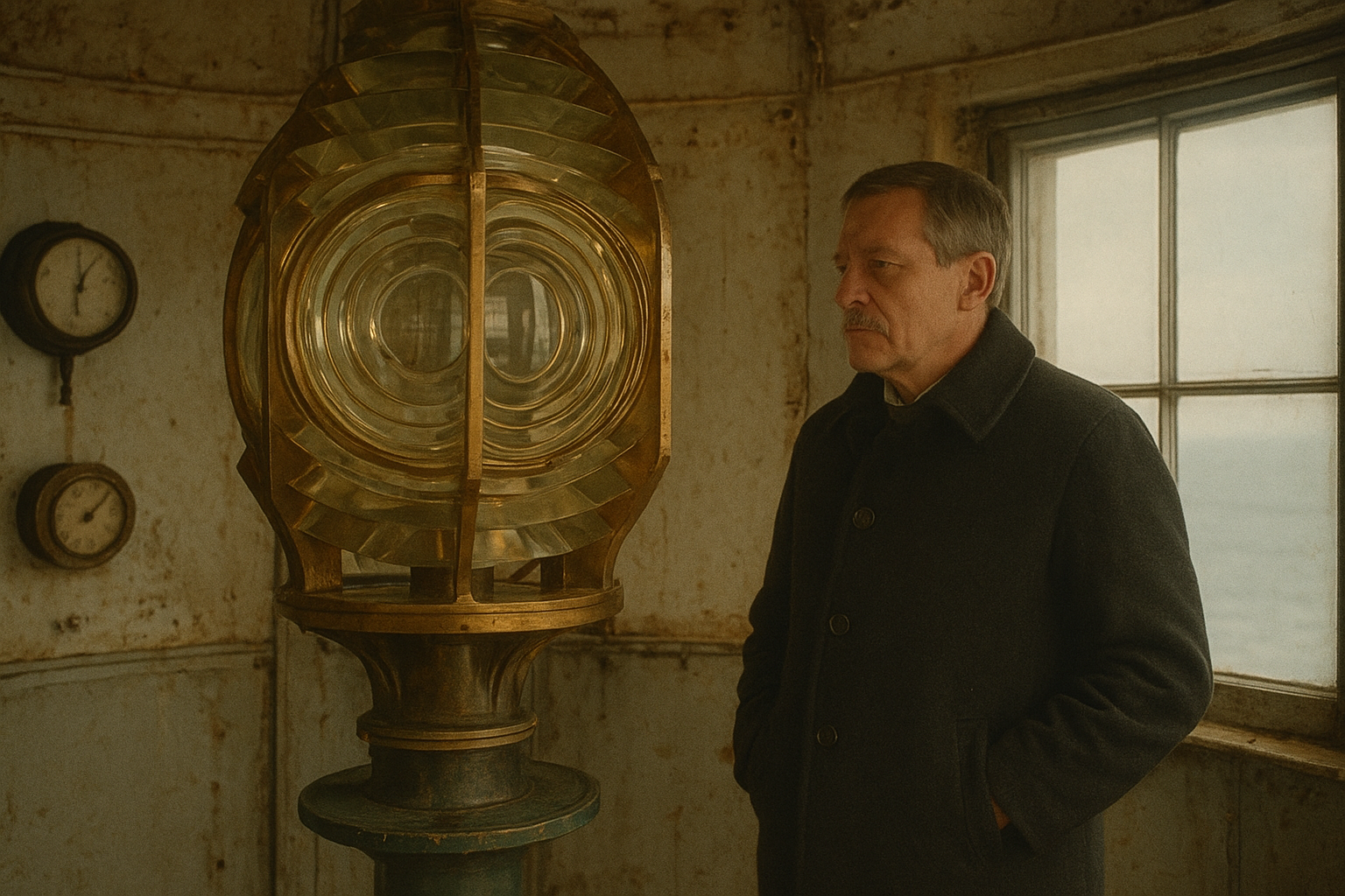 Historic lighthouse keeper standing beside polished Fresnel lamp equipment inside a weathered lamp room