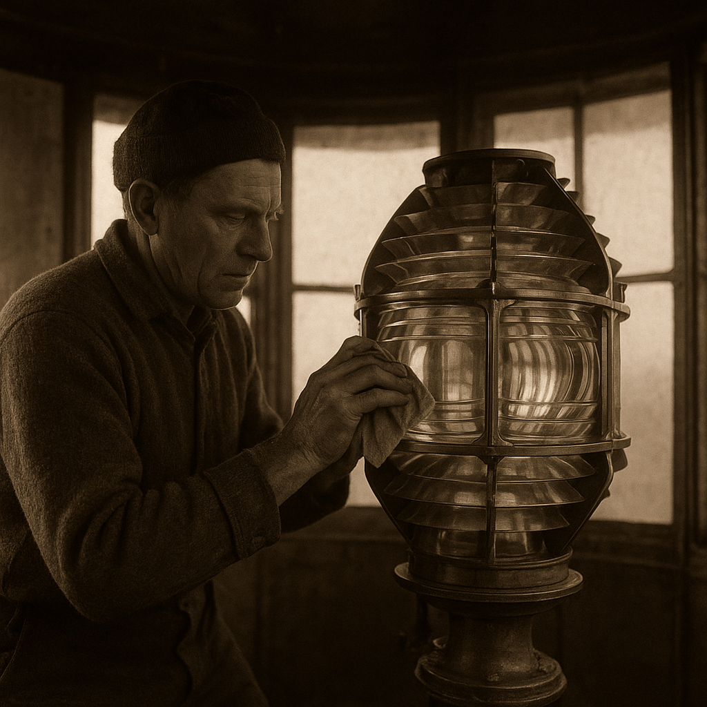 Historic interior photograph of a lighthouse keeper cleaning a Fresnel lens at dawn