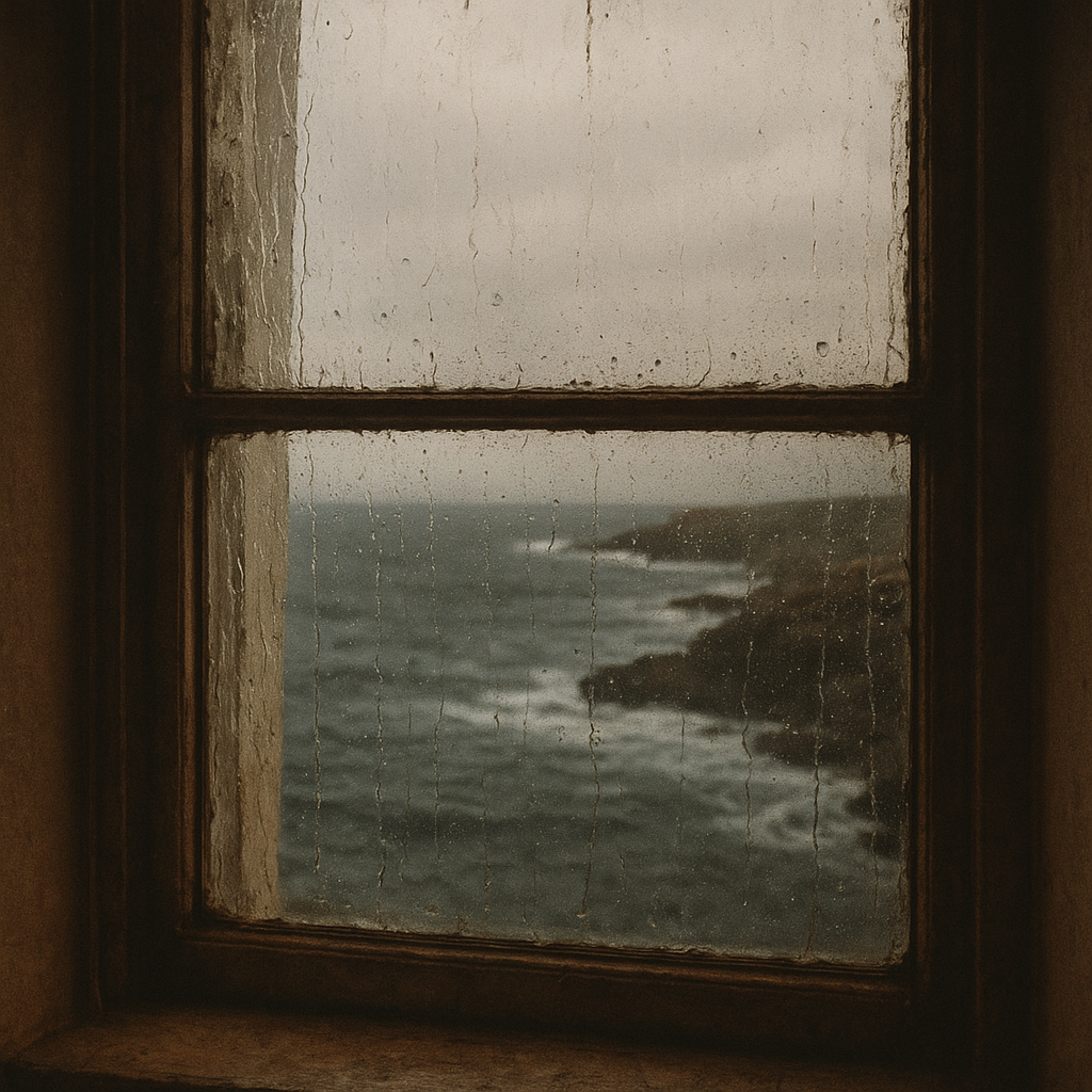 Rain-streaked lighthouse window looking over rough northern coast water at dusk