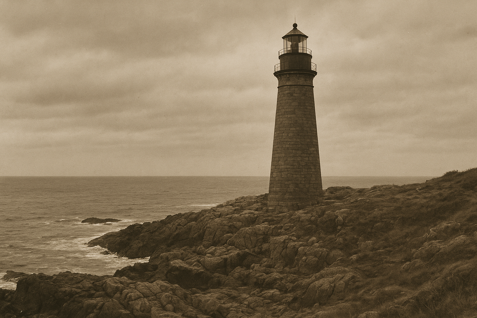 Wide archival photograph of a granite lighthouse on a headland with layered clouds over the northern coast