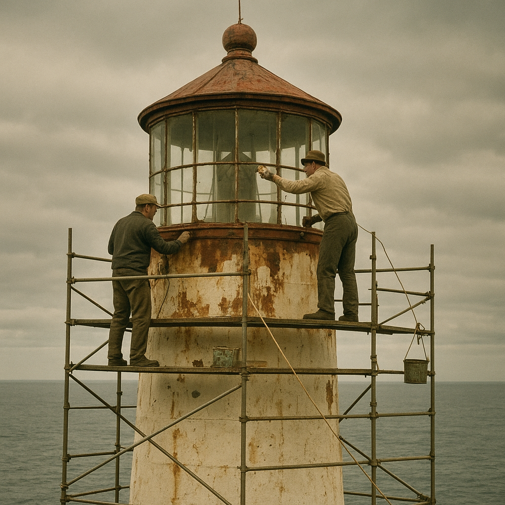 Documentary photo of preservation workers on scaffold around a coastal lighthouse during repainting