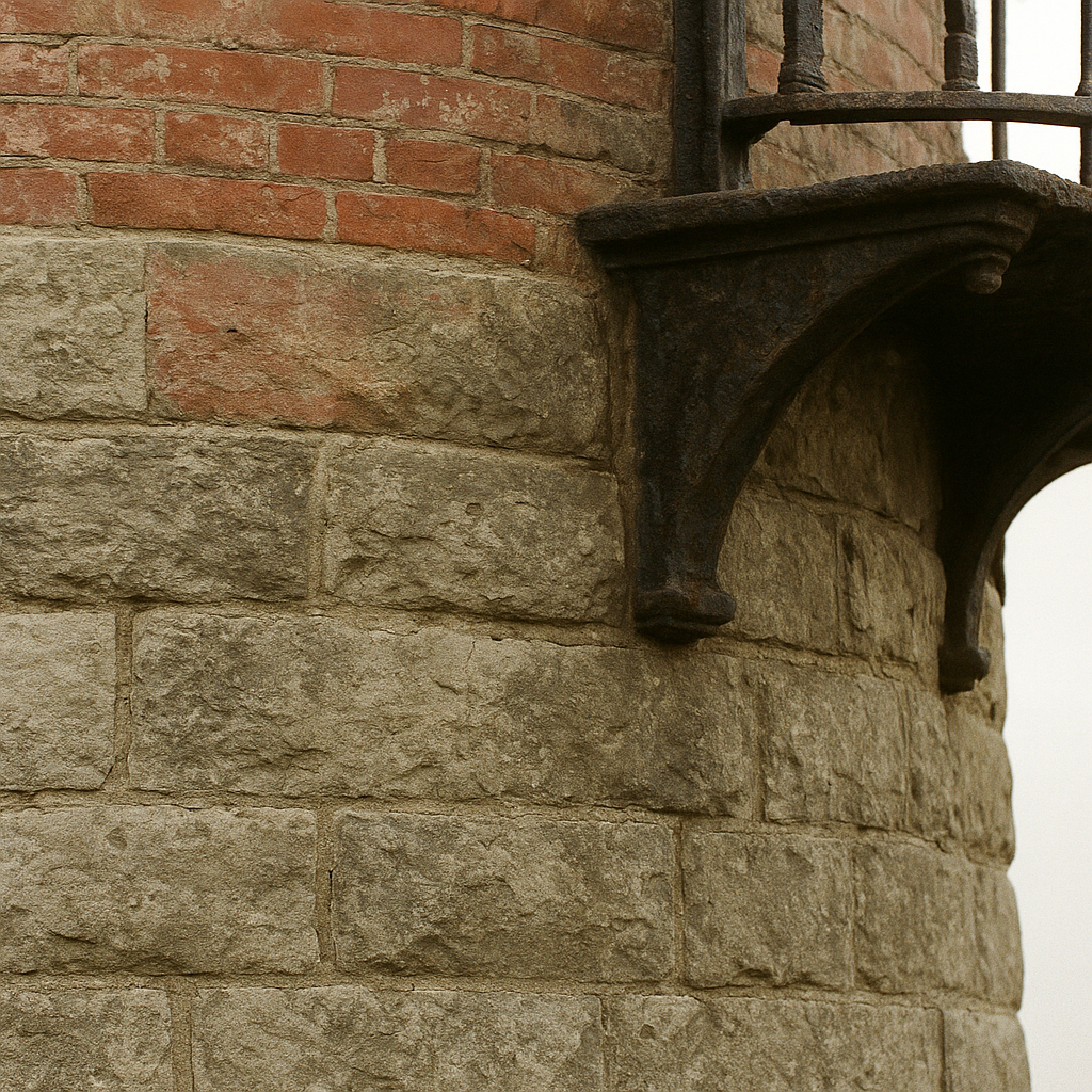 Close archival image of brick and stone lighthouse masonry with iron gallery brackets