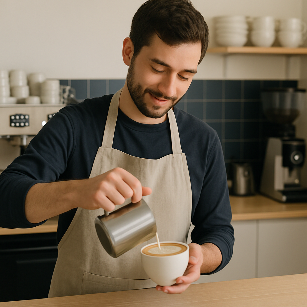 Barista pouring a latte at the counter