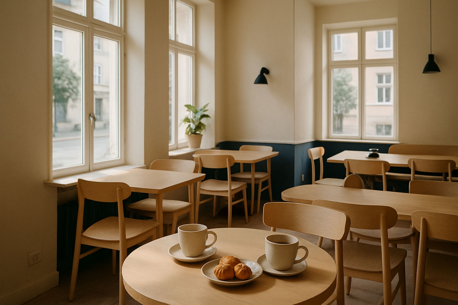 Cozy Scandinavian cafe interior with pale wood tables, ceramic cups, and pastries in soft morning light