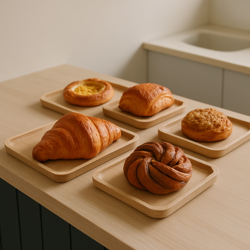 Fresh pastries arranged on wooden trays